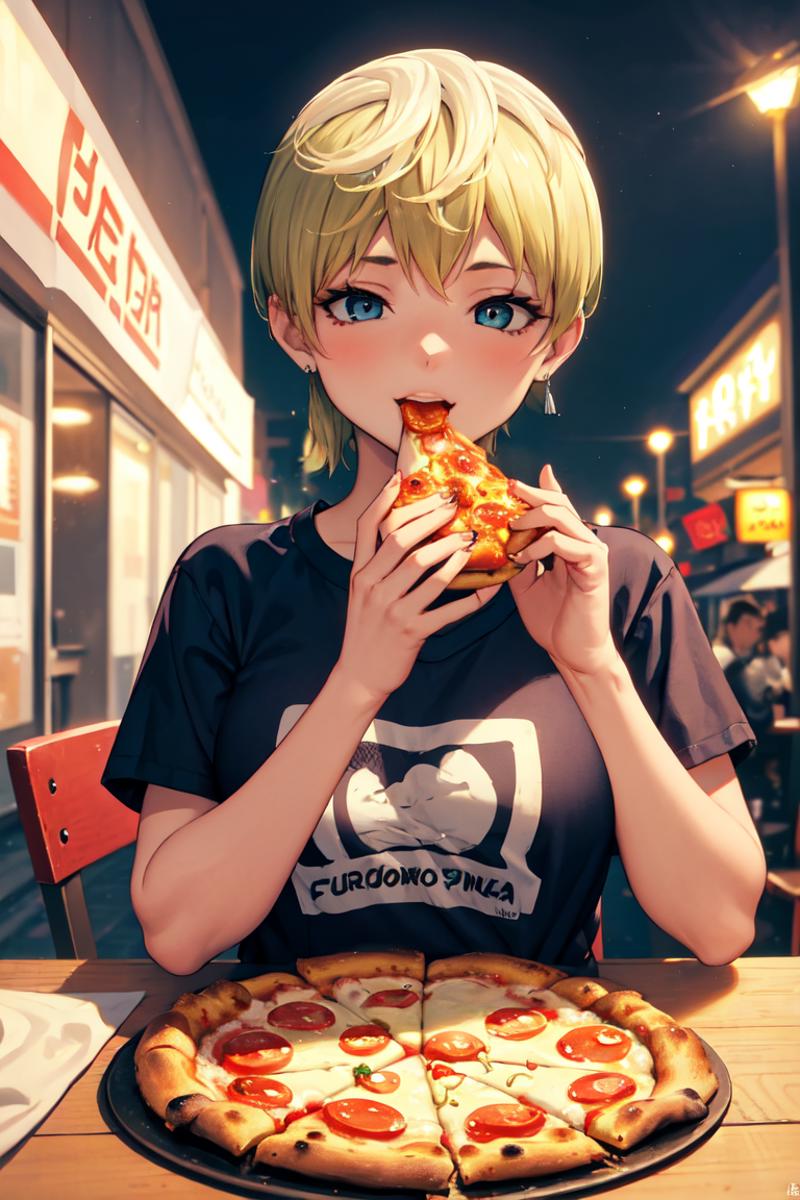 02733-1706651313-masterpiece, best quality, absurdres, perfect anatomy, 1girl, solo, TenkaIzumo, earrings, t-shirt, eating, table, upper body, pi.png